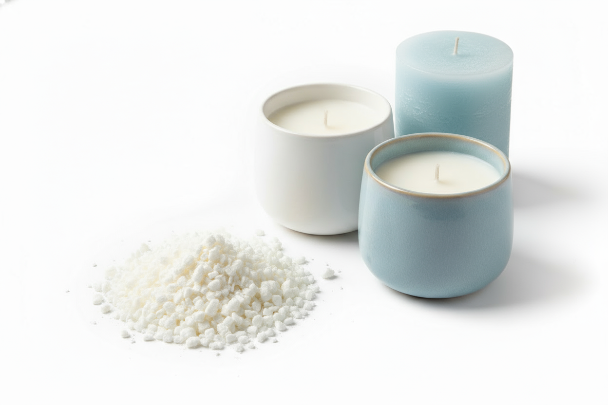 Three ceramic candles with white wax on a white background