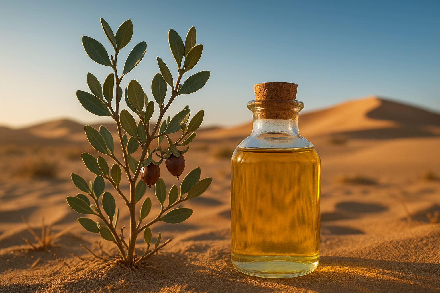 Jojoba oil and plant in desert setting